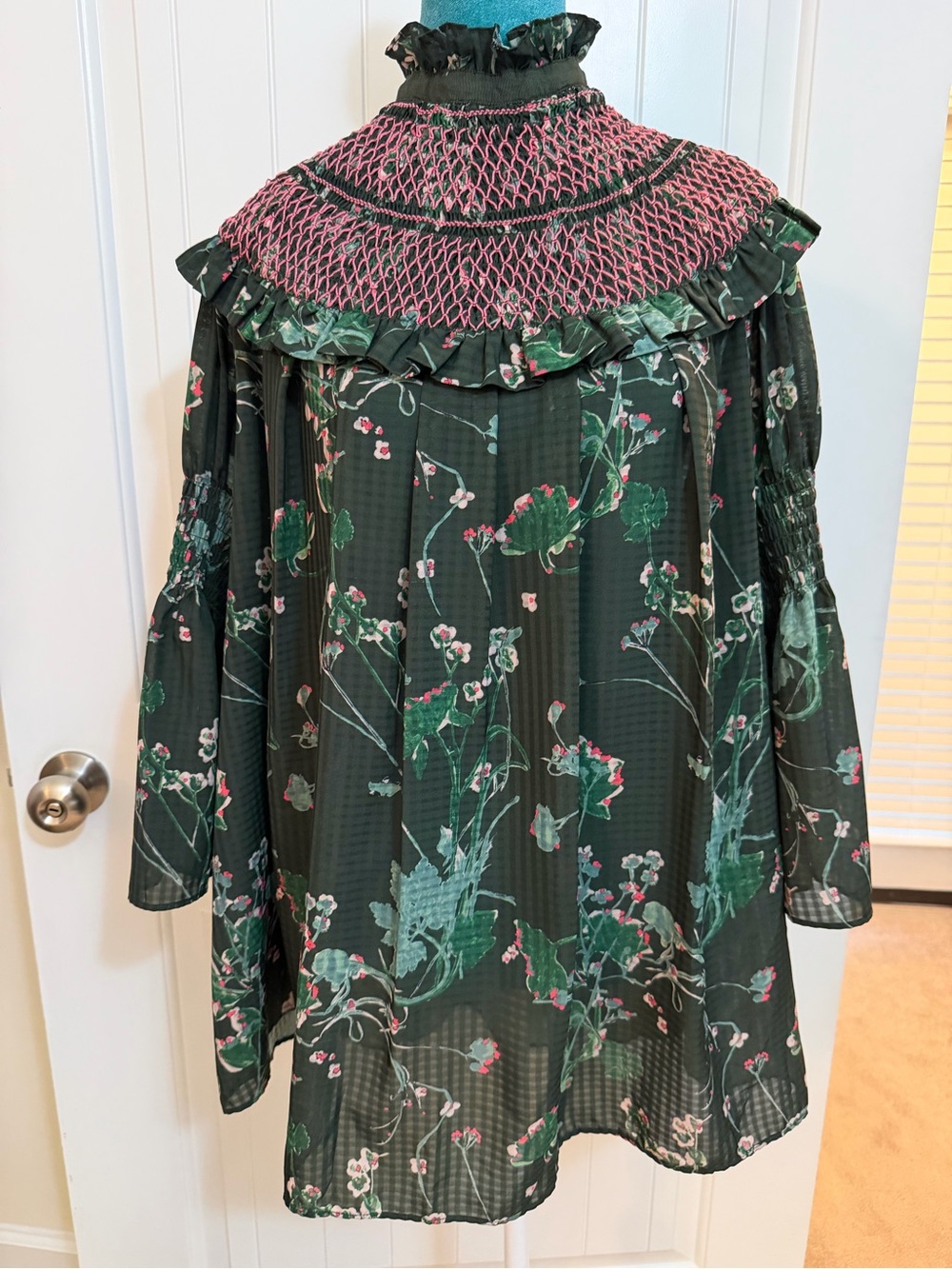 Tuckernuck Dark Green Floral Smocked Yoke Blouse with Pink Accents